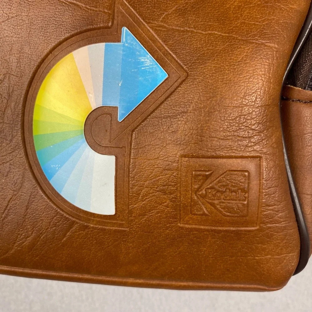Vintage Kodak Brown Faux Leather Camera Bag Rainbow Logo Crossbody Made in USA